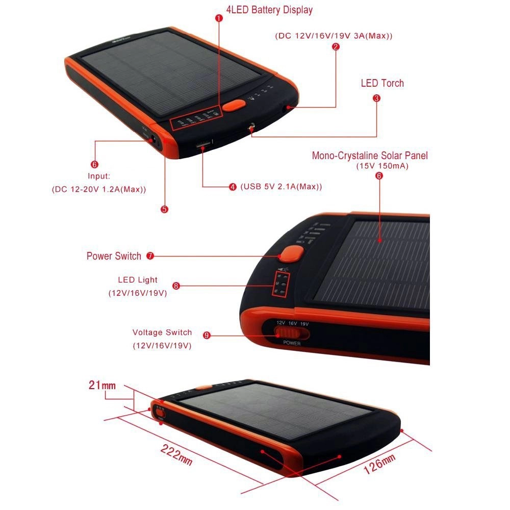 Chargeurs solaires pour ordinateur portable ABS noir