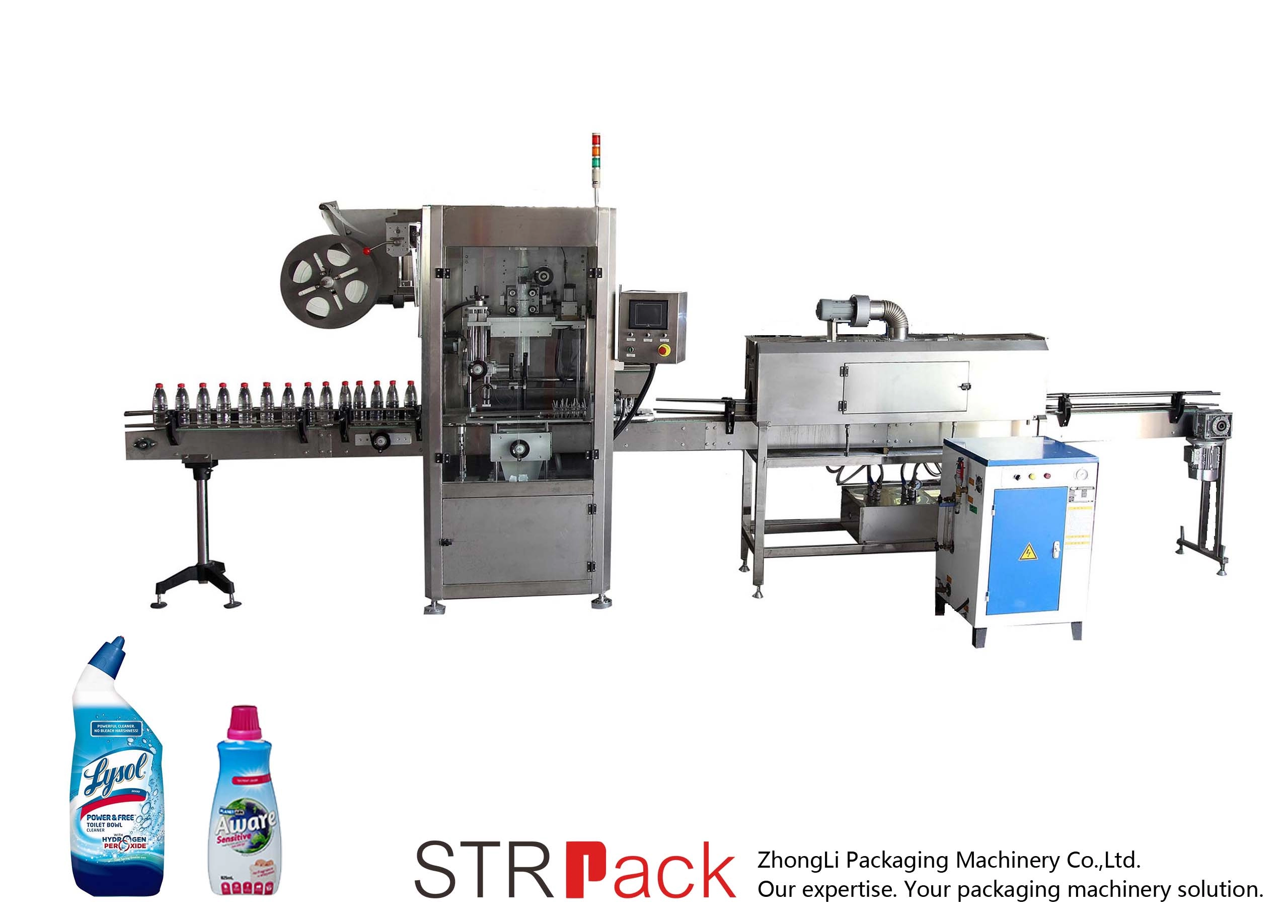 Machine automatique de gainage et de rétrécissement d'étiquettes