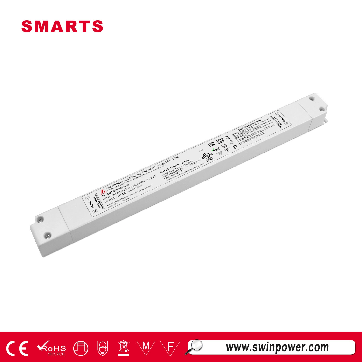 277vac à 12v dc 60 watts triac dimmable tension constante pilote led mince
