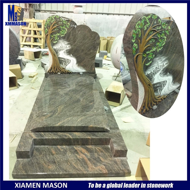 Pierres tombales SRE en granit français de l'Himalaya avec arbre sculpté et gravure en ligne