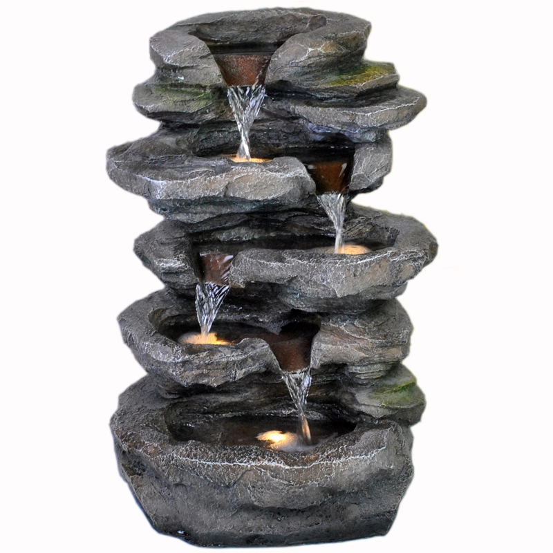 Fontaine d'eau de paysage de cascade de roche de jardin Pierre éclairée par LED