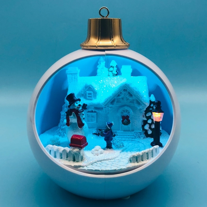 Village de Noël LED avec bonhomme de neige se déplaçant à l'intérieur de la boule blanche