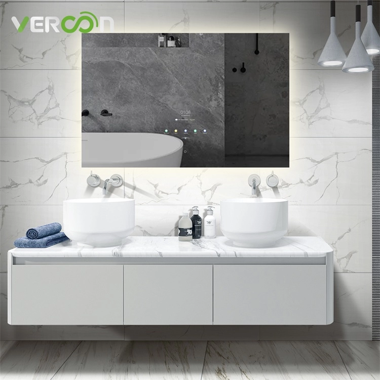 Miroir intelligent de salle de bains d'écran tactile avec le bâti de mur intelligent de lumière rétro-éclairé a mené le maquillage léger de cadre en aluminium