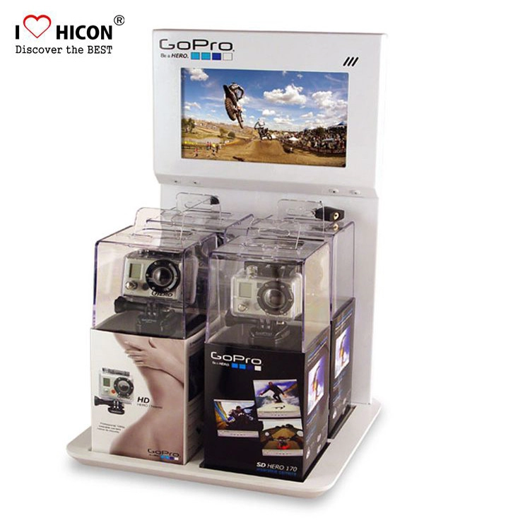Présentoir de caméra de comptoir en métal personnalisé blanc avec écran