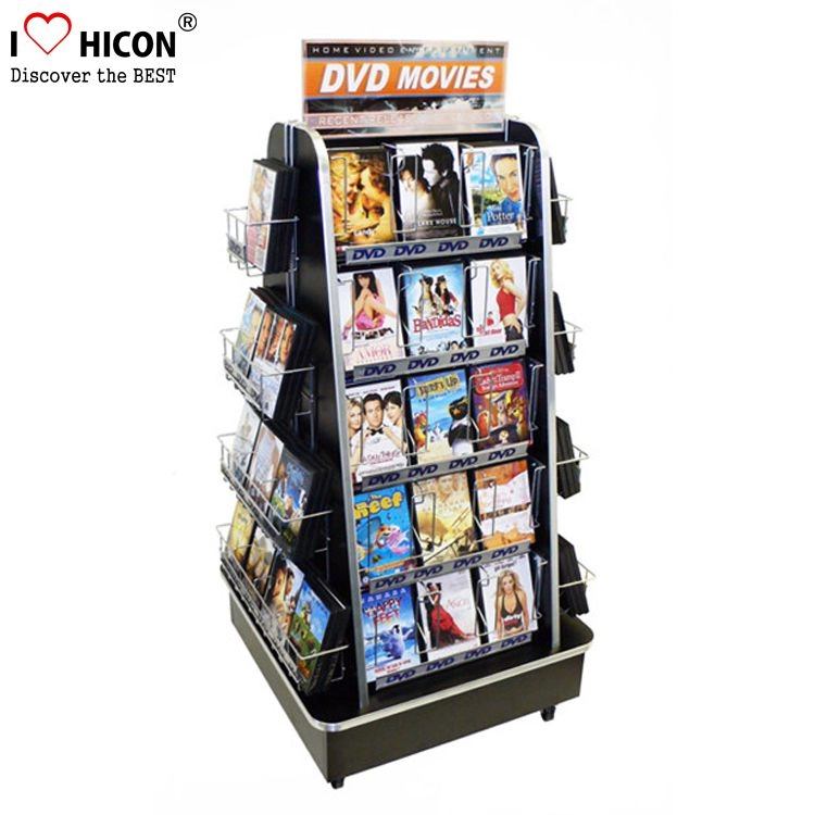 Fait de support d'affichage de vente au détail de CD DVD mobile à 4 voies en fil de bois et en métal