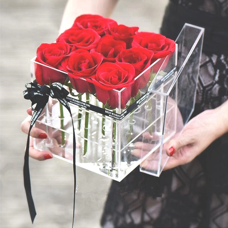 Boîte acrylique fleur carrée rose boîte de collection de fleurs éternelles boîte en cristal transparent