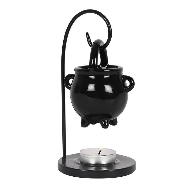 Brûleur de fonte de cire en céramique de chaudron noir suspendu avec étagère en fer