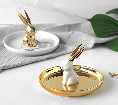 Porte-vaisselle en céramique doré lapin anneau pour bijoux boucles d'oreilles colliers plateau