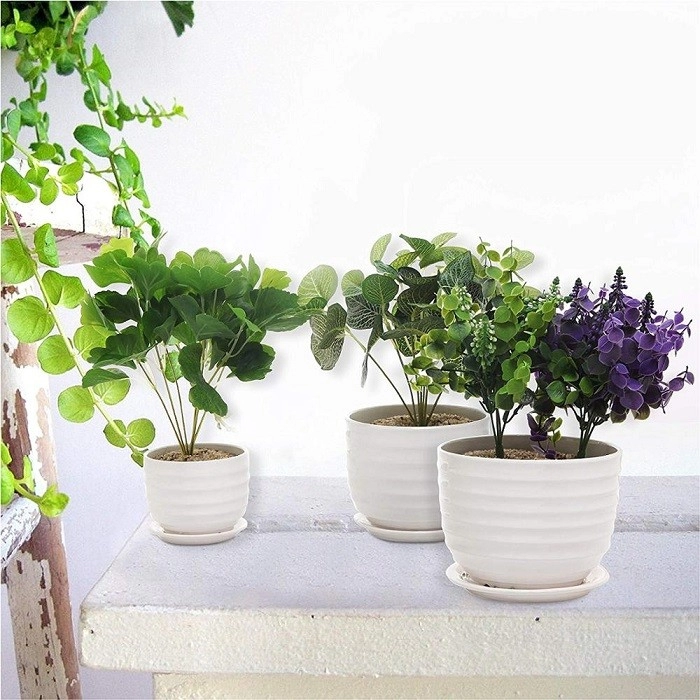 Pots de fleurs de jardin ronds en céramique blanche émaillée intérieur avec soucoupes lot de 3