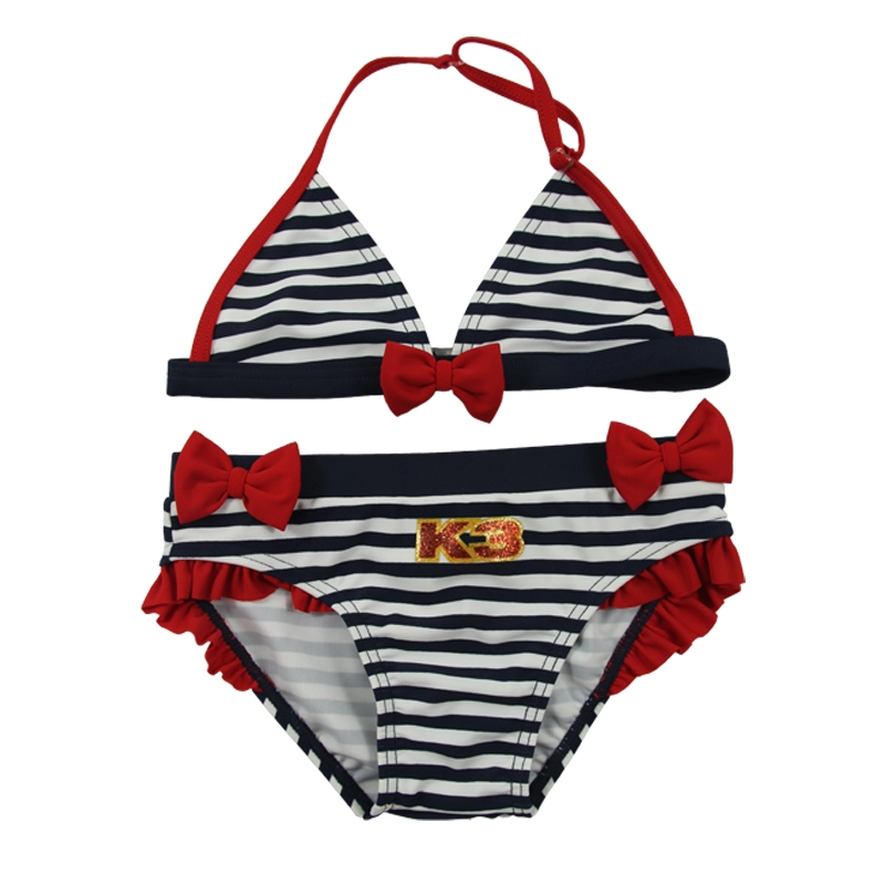 Ensemble de bikini à rayures bleu marine et nœuds rouges pour filles