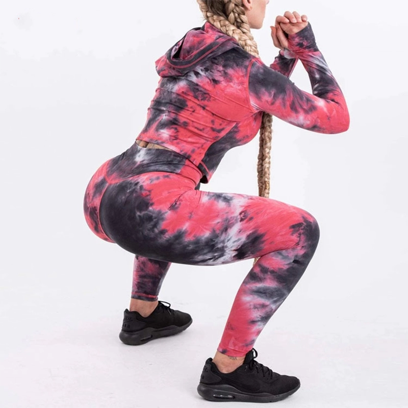 Ensemble 2 pièces de sweats à capuche pour femmes Yoga Crop Tie-Dye