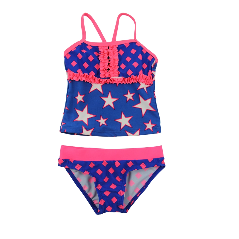 Stars Blue & Pink Girls Tankini Set Ruffles Beach Maillots de bain