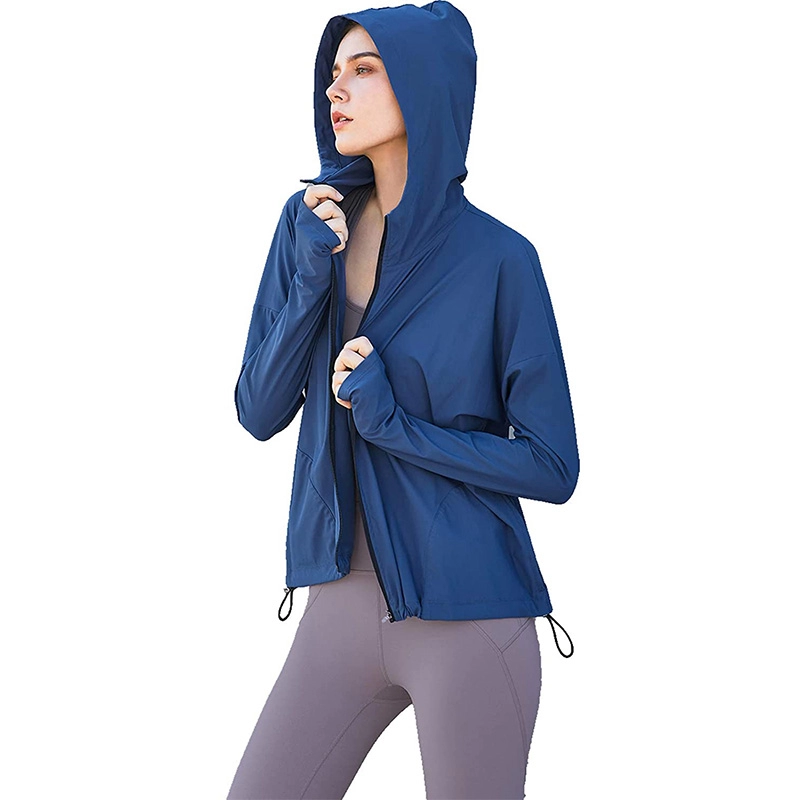 Veste de course à capuche pour femme Veste de survêtement légère à séchage rapide Vestes de yoga d'entraînement à fermeture éclair complète avec trous pour les pouces