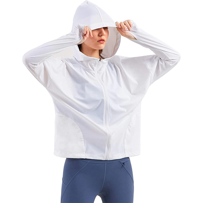 Veste de course à capuche pour femme Veste de survêtement légère à séchage rapide Vestes de yoga d'entraînement à fermeture éclair complète avec trous pour les pouces
