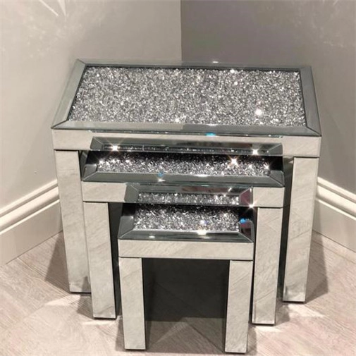 SWT Luxury Diamond Crush Nest de 3 tables d'appoint en miroir