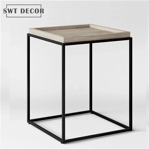 Table d'appoint en métal avec plateau en bois à boîte ouverte