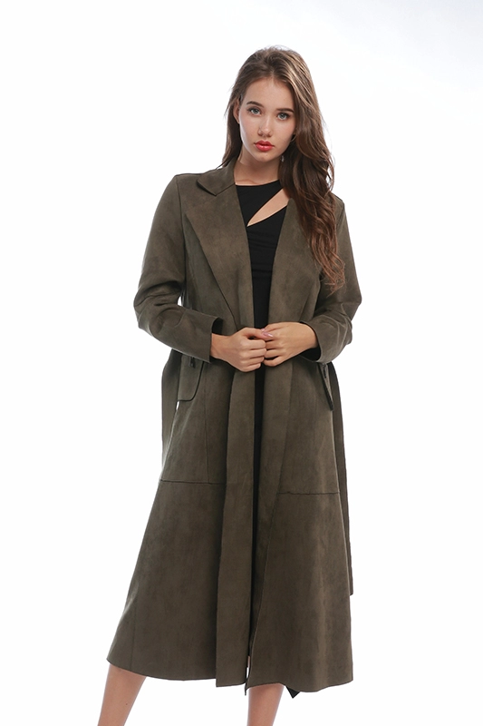 Manteau long d'hiver avec ceinture marron à revers cranté pour femme
