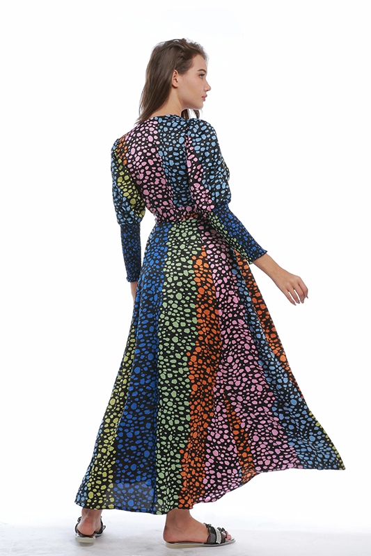 Robe décontractée à manches longues à pois colorés imprimés à col en V élégant pour femmes