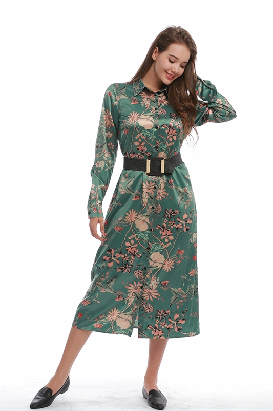 Femmes décontracté élégant Vintage Floral Satin mi-mollet à manches longues ceinturé robe chemise tunique
