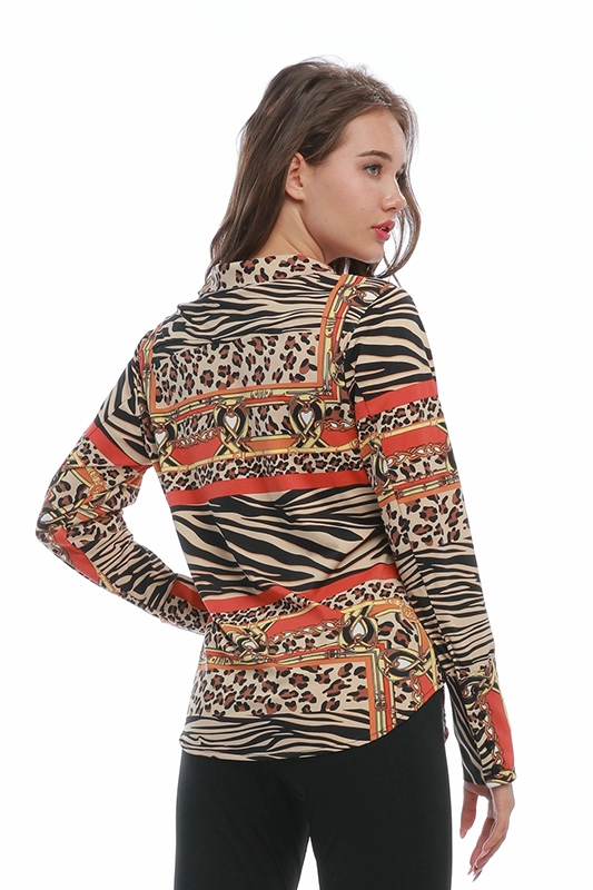 Printemps Polyamide Spandex col rabattu à manches longues imprimé léopard chemise pour femme décontracté chemisier pour femme