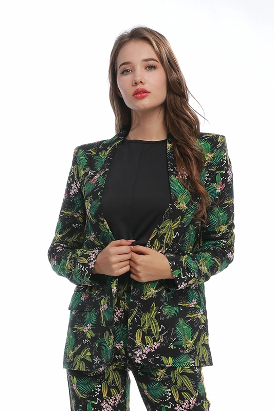 Haute Qualité À Manches Longues Mince Vert Imprimé Floral Tricoté Dames Costumes Femmes Blazers