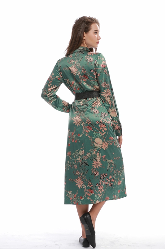 Femmes décontracté élégant Vintage Floral Satin mi-mollet à manches longues ceinturé robe chemise tunique