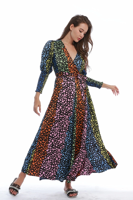 Robe décontractée à manches longues à pois colorés imprimés à col en V élégant pour femmes