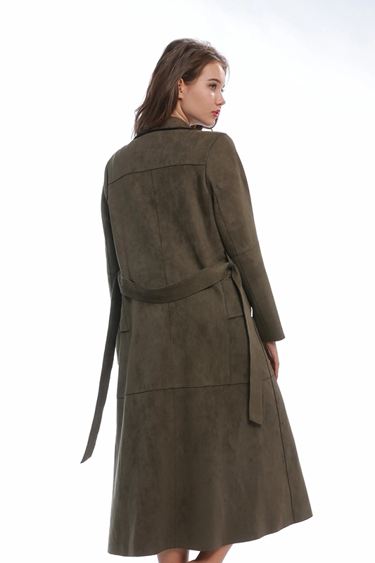 Manteau long d'hiver avec ceinture marron à revers cranté pour femme