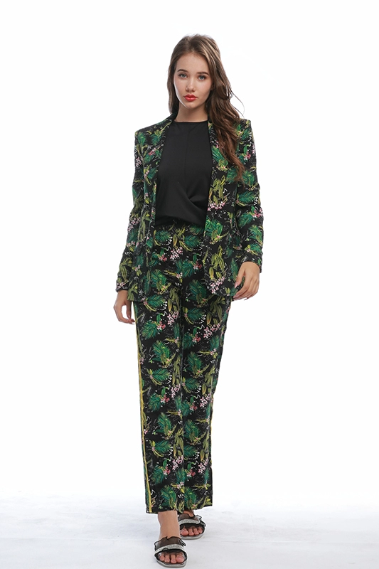 Décontracté Mince Vert Imprimé Floral Costumes Blazers Droite Taille Élastique Bande Latérale Imprimé Pantalon Ensemble de Costume Deux Pièces