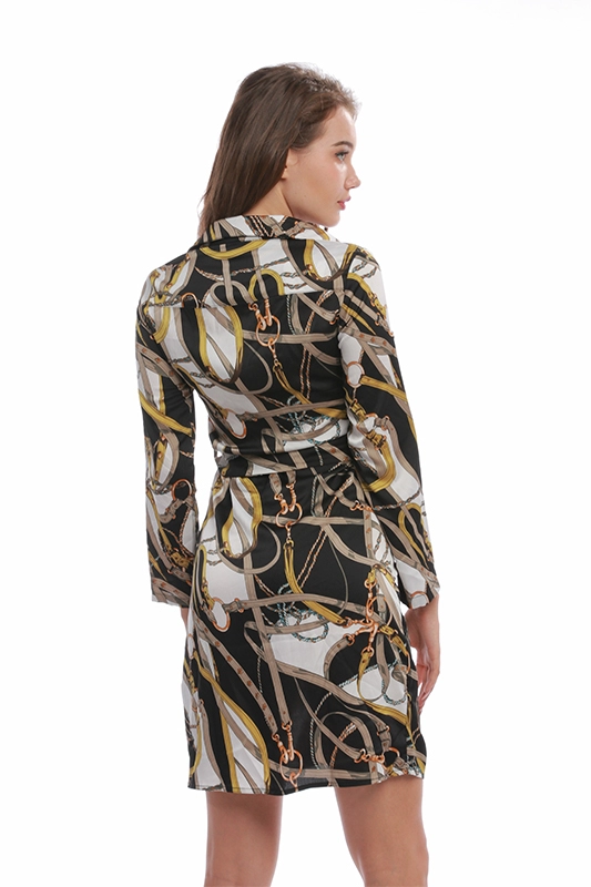Robe chemise tunique ceinturée à manches longues en satin floral élégant pour femme