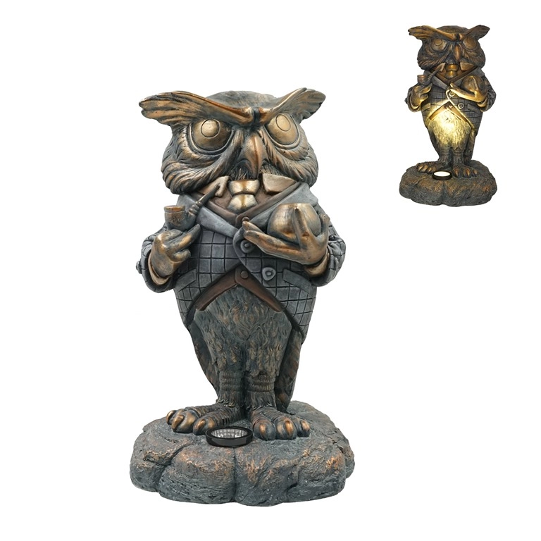 MGO Figurine de jardin solaire Mr.Owl Gentleman en bronze