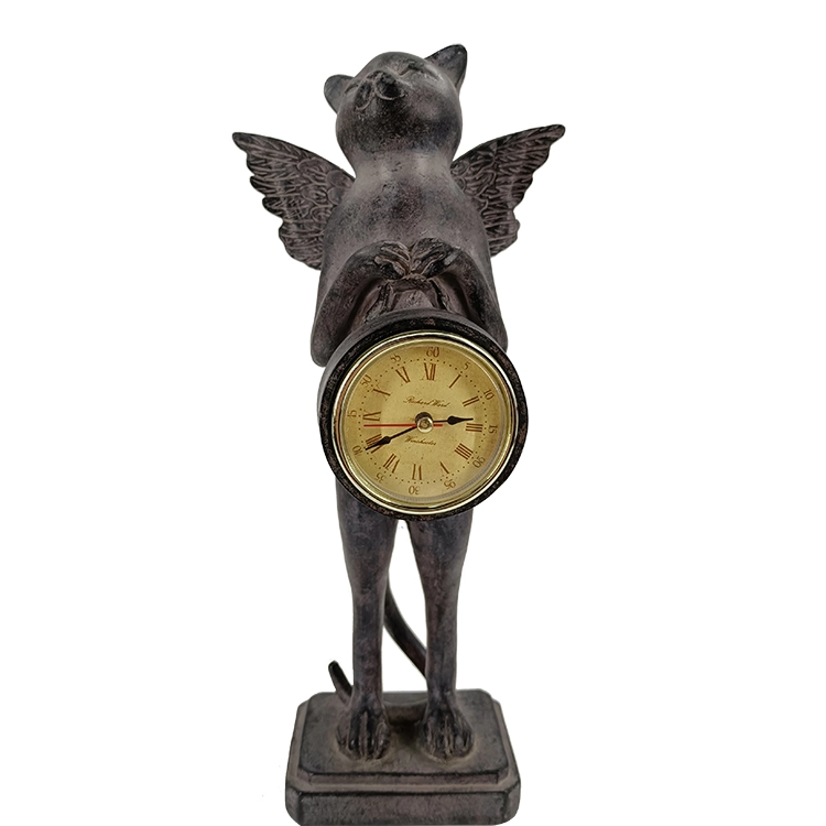 Horloge de table à quartz avec figurine de chat ange noir rétro