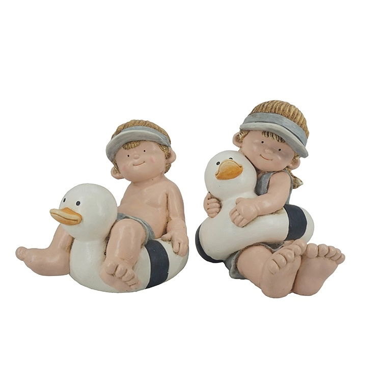 Figurines de décoration de jardin MGO garçon fille avec bouée canard