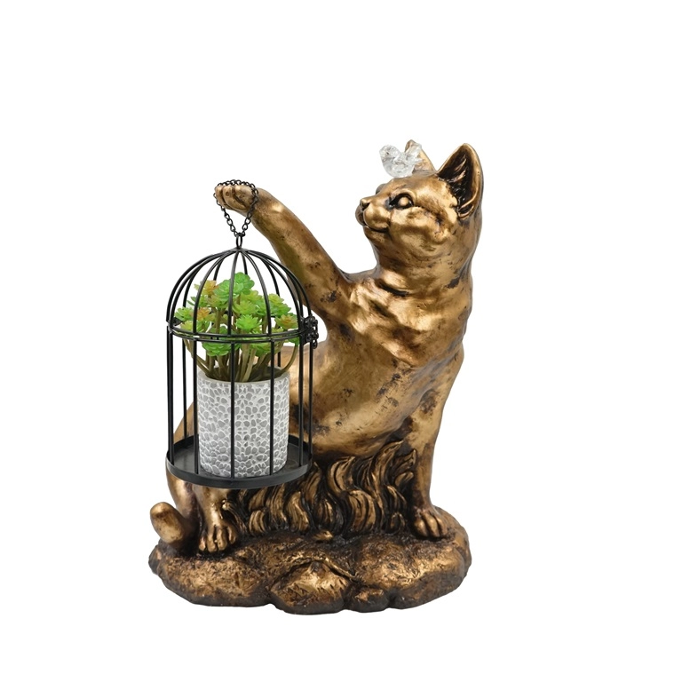 Figurine de chat jouant MGO avec lumière solaire et cage