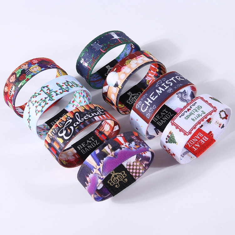 Bracelets personnalisés extensibles en Polyester, vente en gros d'usine, tissu d'étiquette tissé, bracelets élastiques par Sublimation